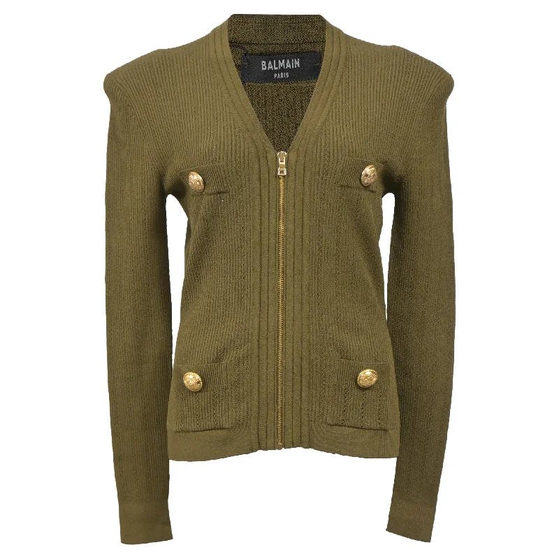 Timeless Women's Outfit Balmain Zip Cardigan in Olive Green Wool