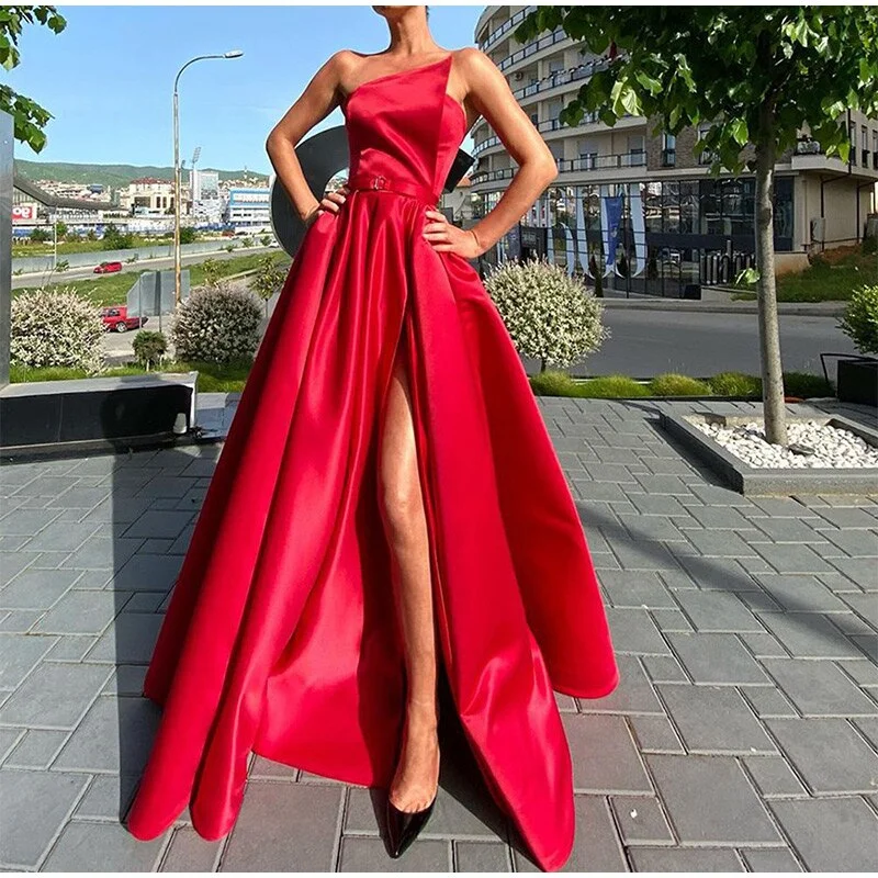 Women's Casual Wear Clothes FashionSierra - Off Shoulder Slit Floor Length Satin A Line High Waist Dress