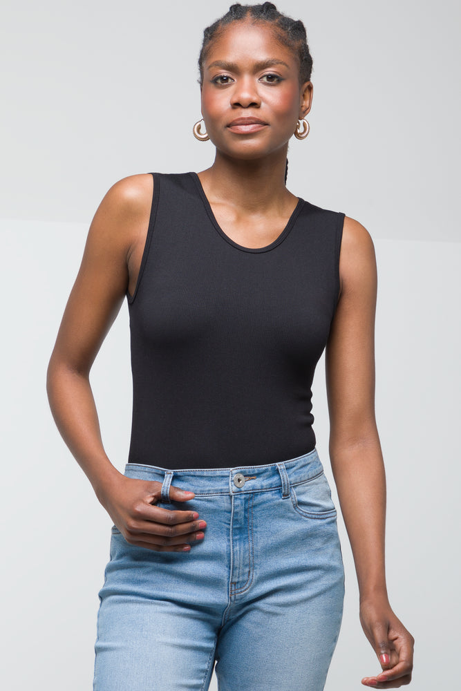 Fashionable Women's Casual Apparel Rib Seamless Sleeveless Bodysuit Black