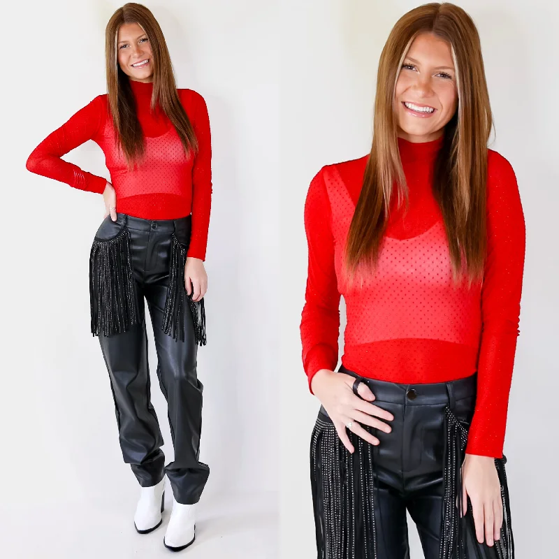 Women's Effortless Casual Outfit Try Your Luck Glitter Mesh Long Sleeve Bodysuit in Red