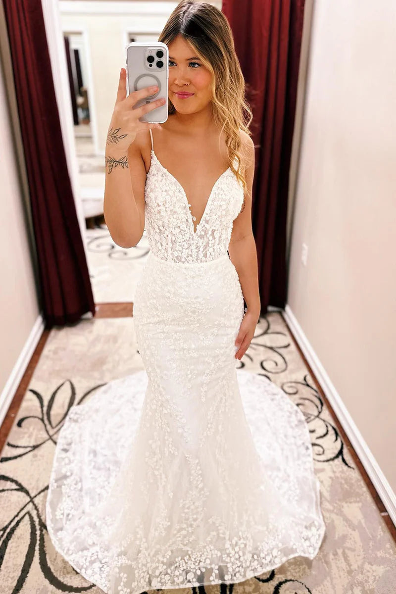 Women's Resort Attire Wedding Dress Ivory Spaghetti Straps Lace Mermaid with Train