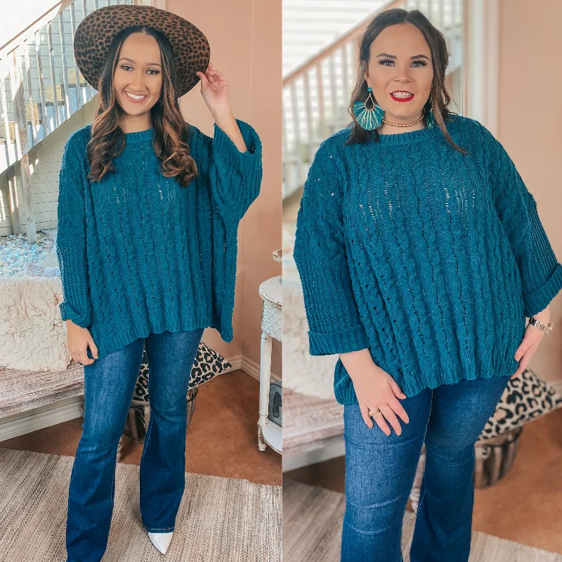 Trendy Athleisure Clothing For Women On My Level Chenille Cable Knit Pullover Sweater in Teal Green