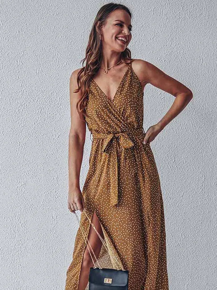 Stylish Women's Outfit Summer Floral Backless Bandage Slit Beach Sunes Black Sleeveless Midi Dresses
