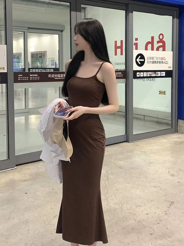 Women's Resort Apparel Autumn Pure Sleeveless Sexy Sheath Hotsweet Korean Popular Midi Dresses