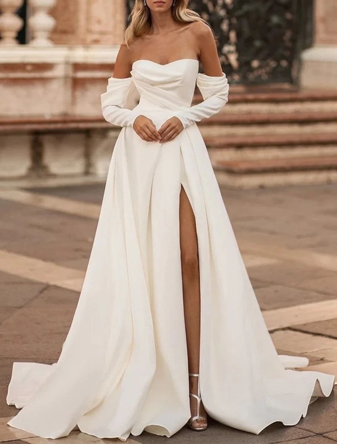 Women's Resort Apparel Hall Simple Wedding Dresses A-Line Off Shoulder Long Sleeve Court Train Satin Bridal Gowns With Split Front Solid Color