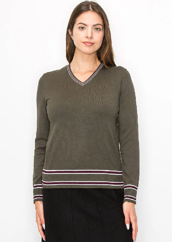 Women's Plus-Size Garments Casual Olive V-Neck Sweater