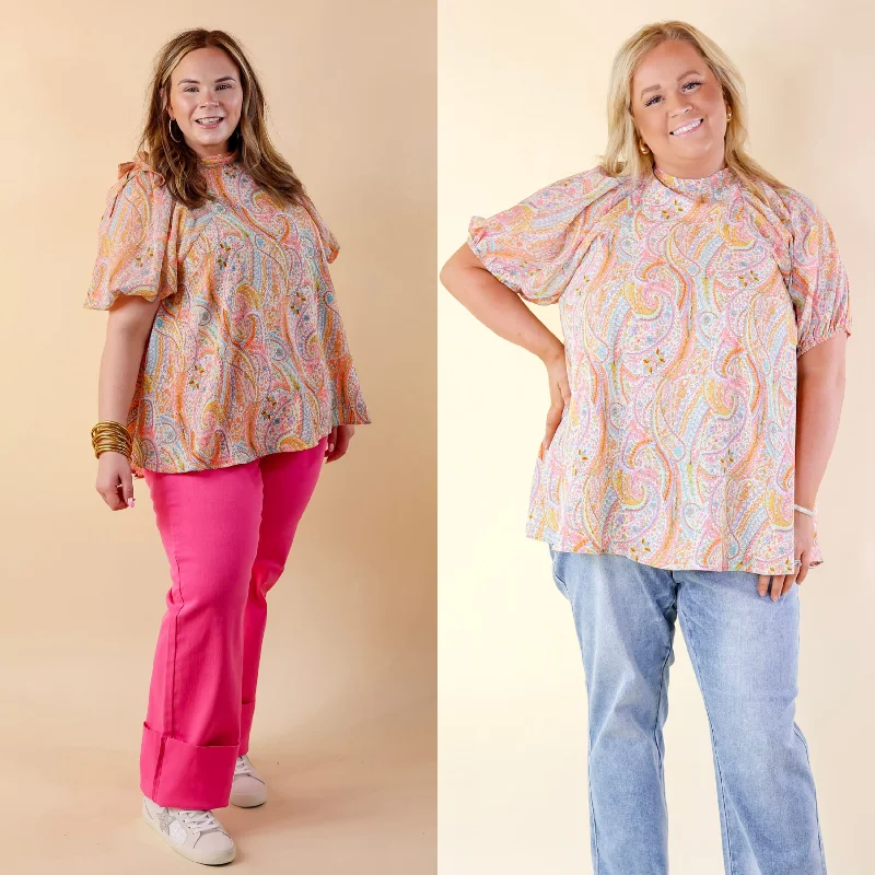 Women's Casual Wear Clothes Malibu Pier High-Neck Short Sleeve Top with Open Tie Back in White Multi