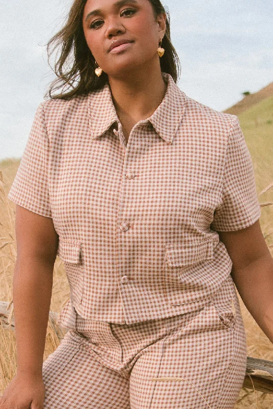 Women's Vacation Garments Drew Blouse in Tan Gingham - FINAL SALE