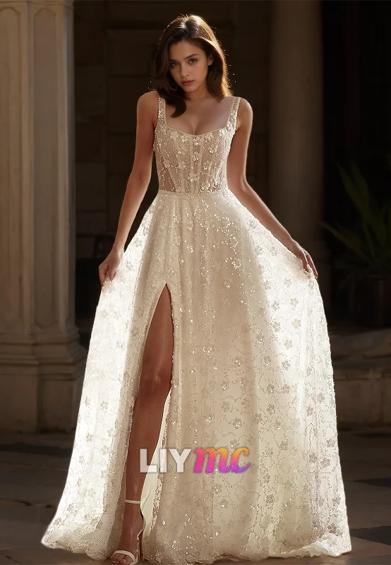 Women's Layered Outfit Scoop Sleeveless Straps Appliques High Slit A-Line Wedding Dress