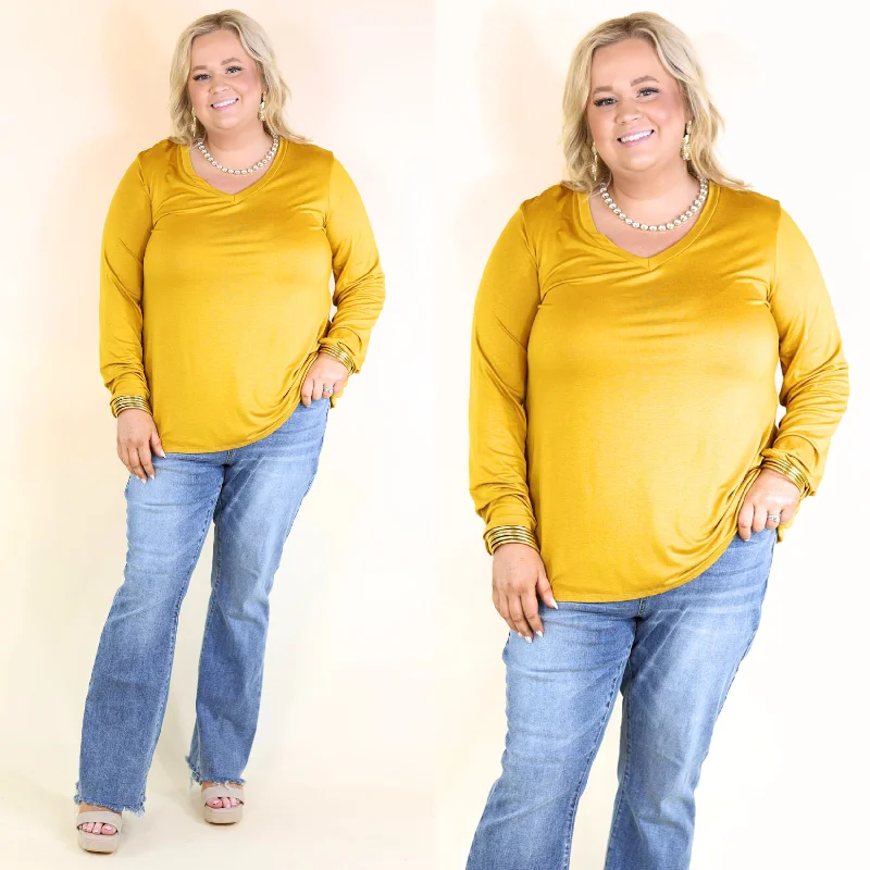 Comfortable Garments For Women It's That Simple Solid V Neck Long Sleeve Tee in Mustard Yellow Comfortable Garments For Women It's That Simple Solid V Neck Long Sleeve Tee in Mustard Yellow
