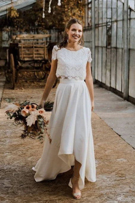 Women's Casual Apparel For Weekends A Line Two Piece Scoop Chiffon Half Sleeve High Low Wedding Dresses