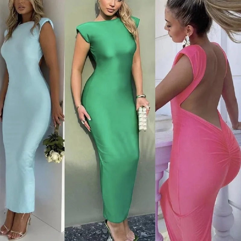 Casual Outfit For Women Fashion streetwear plain scrunch butt sexy backless party dress padded shoulder sleeveless bodycon women long maxi dress ladies