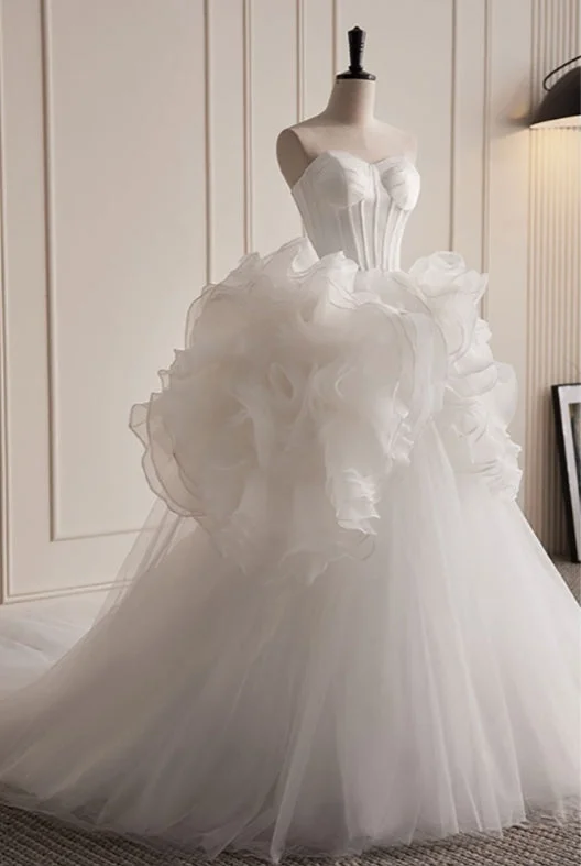 Comfortable Women's Apparel Grand White Ruffled Train Dress Wedding Dress Strapless