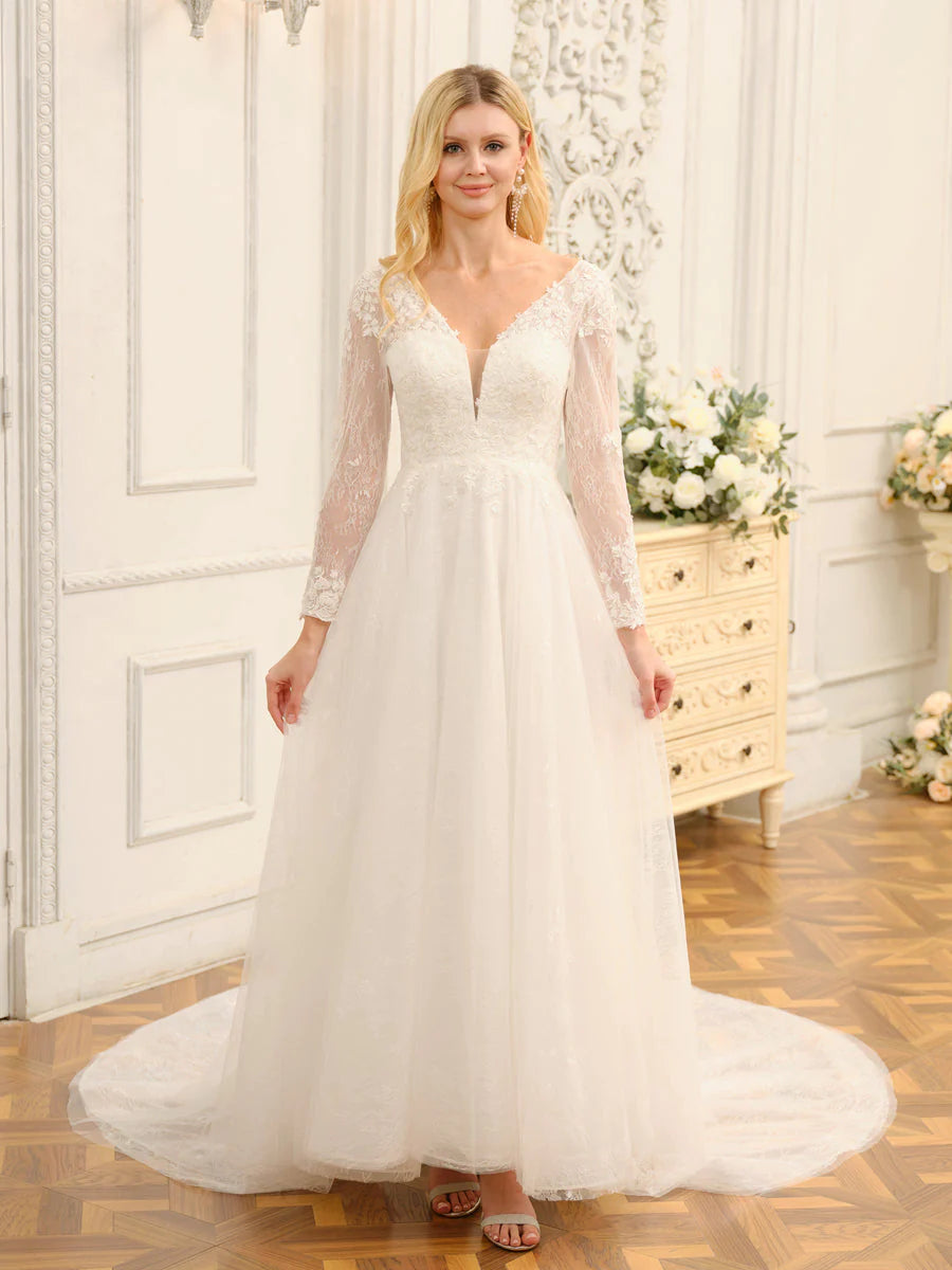 Formal Garments For Women A-Line/Princess V-Neck Long Lace Wedding Dresses With Appliques