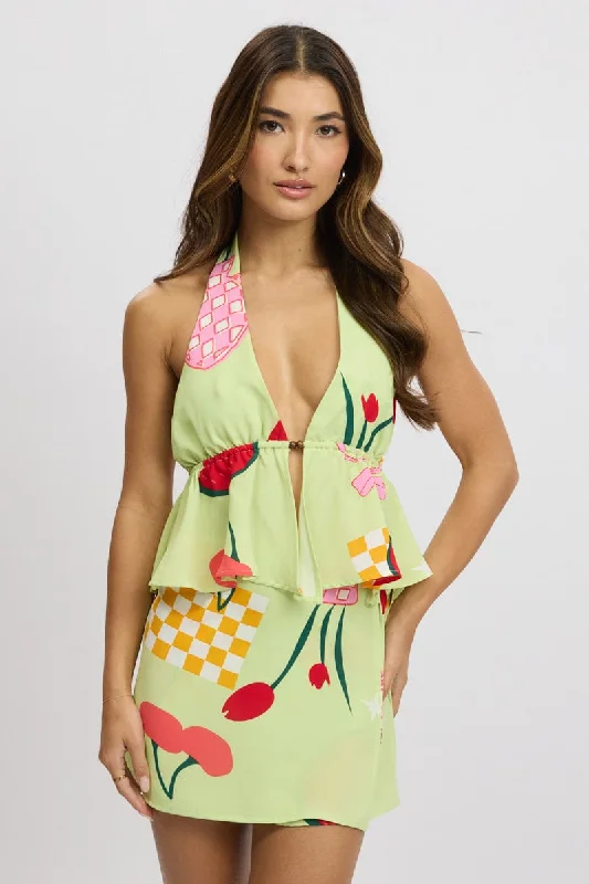 Women's Active Garments For Workouts Green Abstract Halter Top Sleeveless