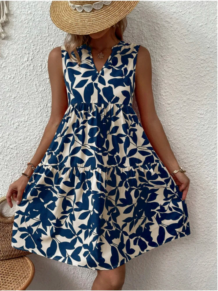 Women's Luxury Apparel Print Women V Neck Chic Elegant Woman  Beach Knee-length Midi Dresses