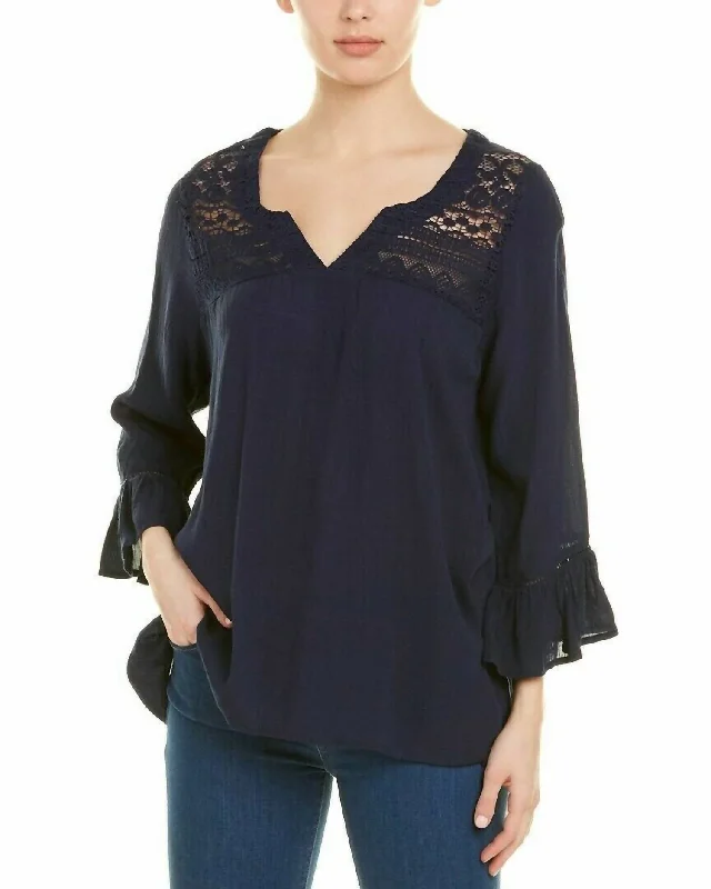 Women's Outfit Boho Blouse Top Lace Front And Back Blouse In Navy Blue