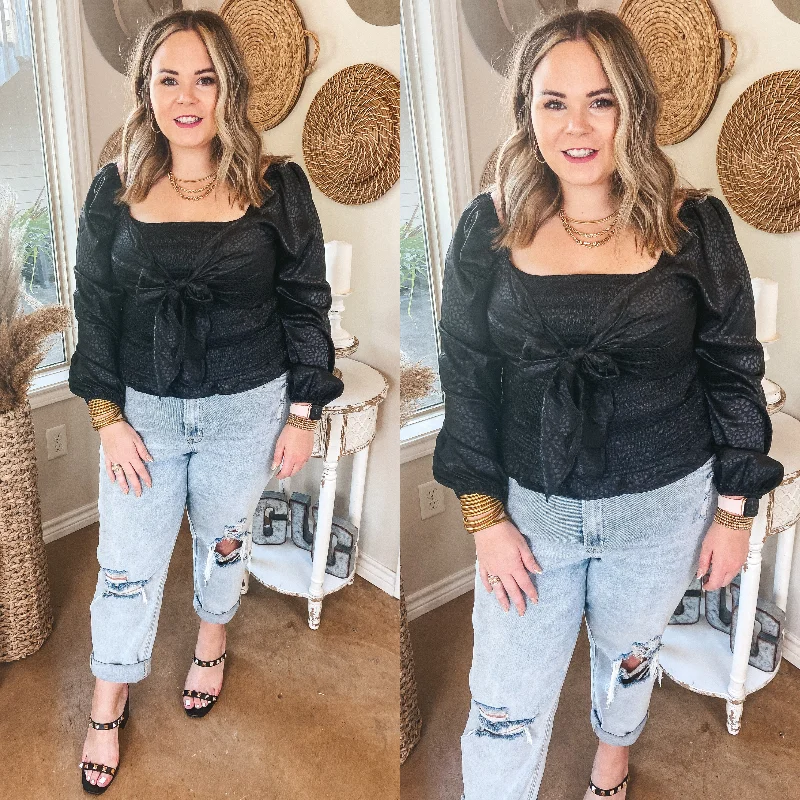 Women's Relaxed Outfit Last Chance Size Medium | Drive Them Wild Tie Bust Smocked Crop Top in Black