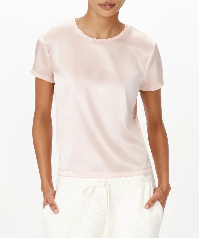 Women's High-End Clothing Stretch Charmeuse Crew Neck Tee - Oyster Pink