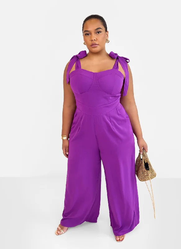 Women's Cozy Outfit For Lounging Selma Tie Strap Corset Wide Leg Jumpsuit - Purple