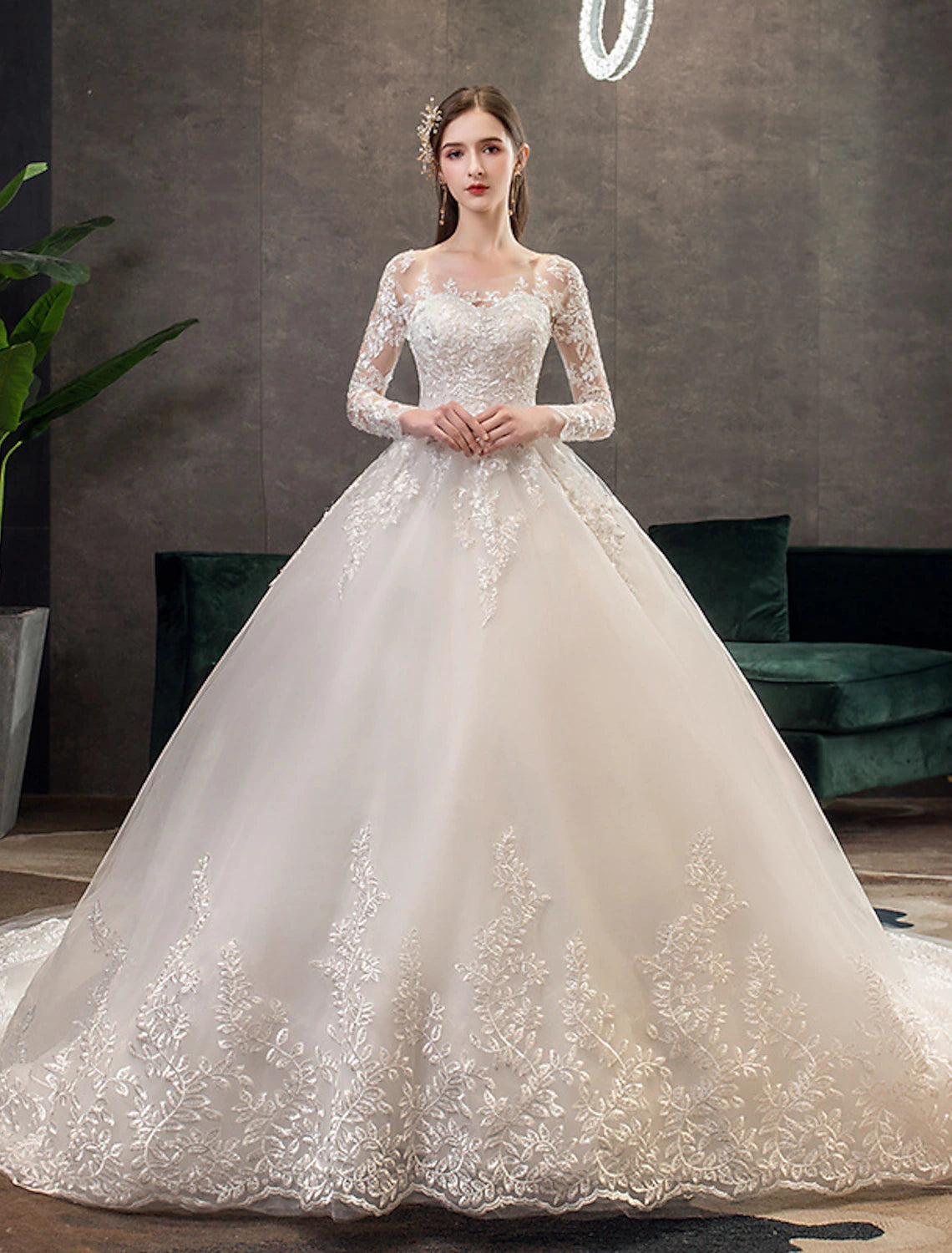 Women's Luxury Garments Engagement Formal Fall Wedding Dresses Ball Gown Illusion Neck Long Sleeve Cathedral Train Lace Bridal Gowns With Pleats Appliques Summer Wedding Party