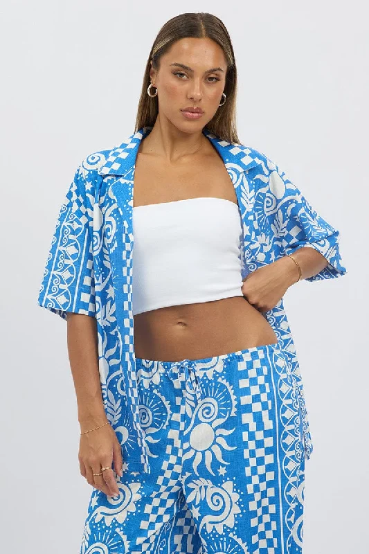 Women's Occasion Wear Apparel Blue Abstract Relaxed Shirt Short Sleeve Linen Blend