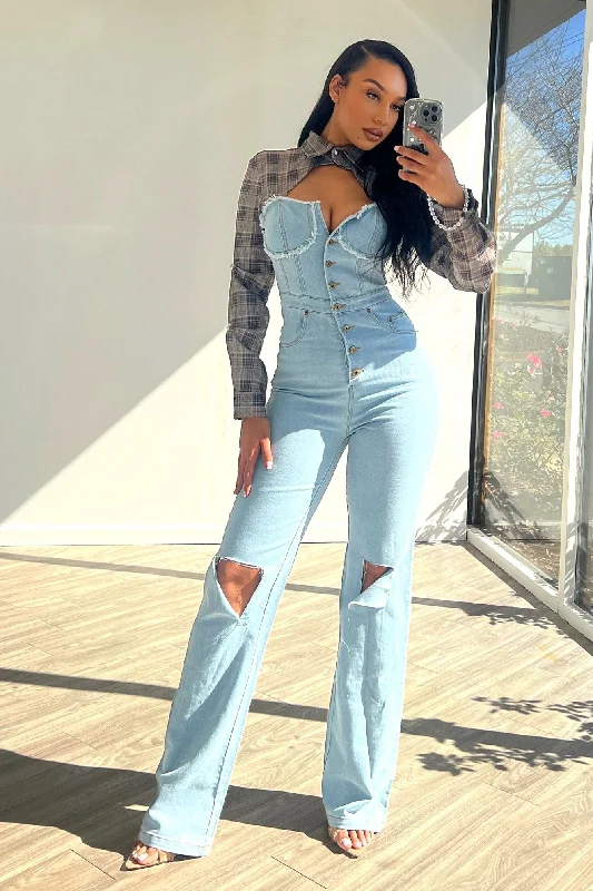 Women's Formal Event Attire Giddy Up Plaid Shirt Denim Jumpsuit