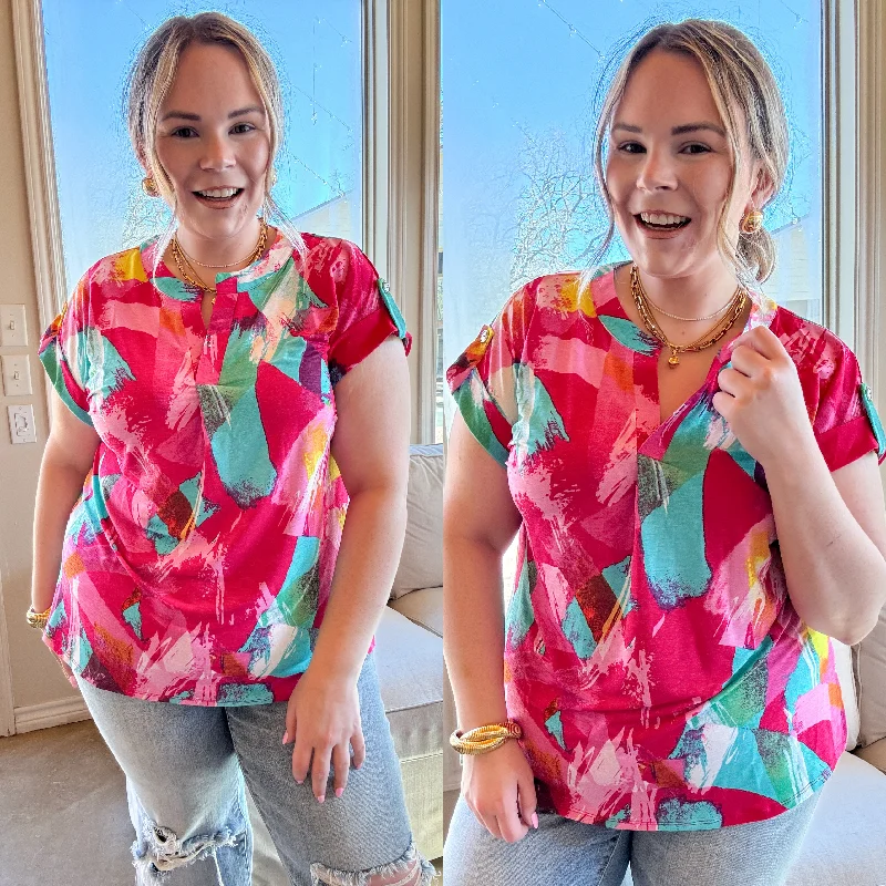 Women's Layered Outfit Downtown Darling Watercolor Short Sleeve Tunic Top in Pink Mix
