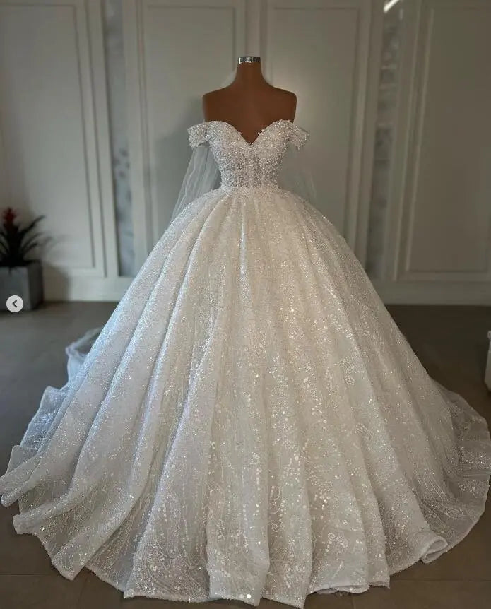 Women's Seasonal Apparel Sparkly Princess Off Shoulder Ball Gown Bride Dresses with Veil Beaded Wedding Dresses 2024 Sequins Sweetheart vestido de novia