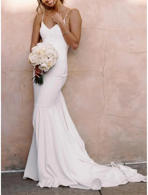 Women's Layered Outfit Reception Casual Wedding Dresses Mermaid / Trumpet Camisole Sleeveless Court Train Satin Bridal Gowns With Pleats Solid Color