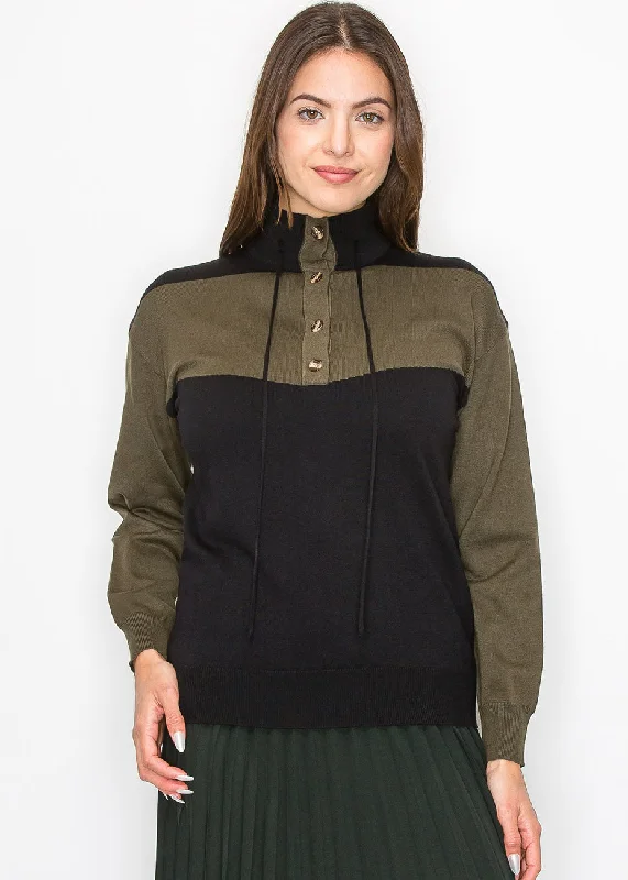 Women's High-Fashion Attire High-Neck Olive Panel Sweater