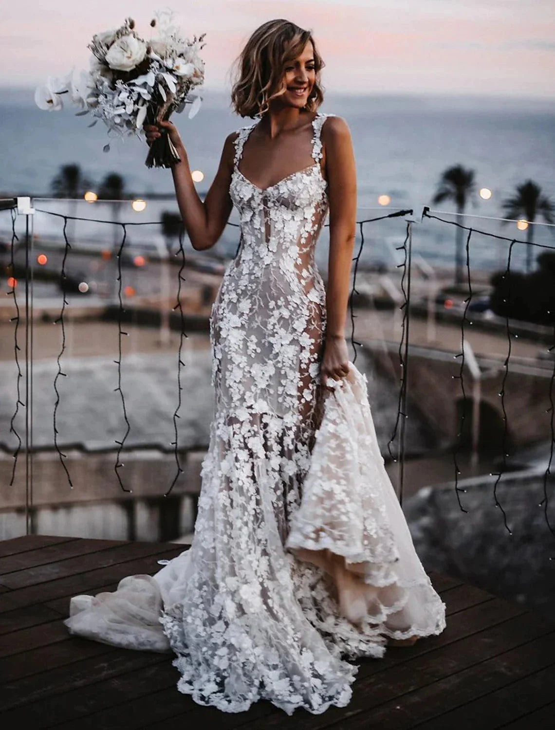 Vintage-Inspired Garments Beach Sexy Boho Wedding Dresses Mermaid / Trumpet Sweetheart Regular Straps Court Train Lace Bridal Gowns With Appliques Summer Fall Wedding Party