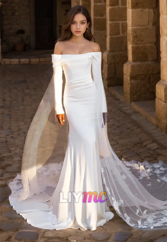 Women's Plus-Size Apparel Off-Shoulder Long Sleeveless Sleek Mermaid Wedding Dress