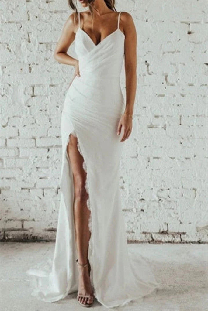 Women's Functional Apparel For Outdoor Activities Elegant Sheath Spaghetti Strap V Neck Chiffon Split Sleeveless Open Back Wedding Dresses