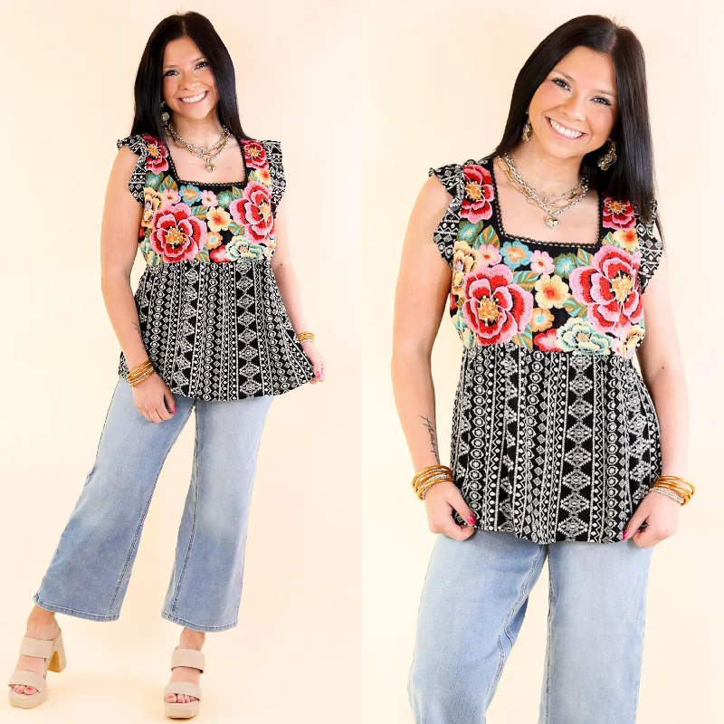 Charming Women's Clothes For Special Events For A Season Floral Embroidered Tribal Print Tank Top in Black