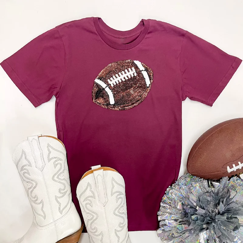 Women's Garments It's A Win Sequin Patch Football Short Sleeve Graphic Tee in Maroon