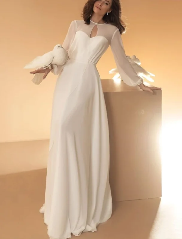 Women's Stylish Vacation Attire Hall Casual Wedding Dresses A-Line Illusion Neck Long Sleeve Floor Length Chiffon Bridal Gowns With Summer Wedding Party