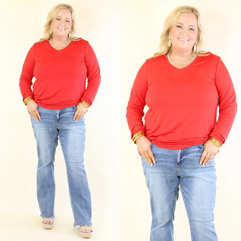 Women's Trendy Garments Plus Size | It's That Simple Solid V Neck Long Sleeve Tee in Red Women's Trendy Garments Plus Size | It's That Simple Solid V Neck Long Sleeve Tee in Red
