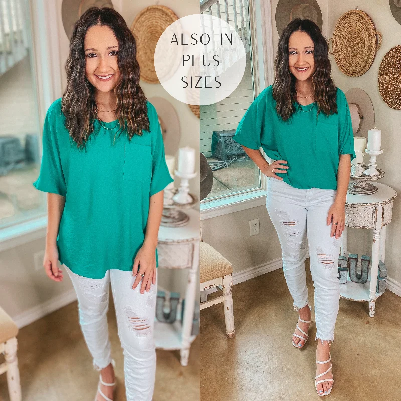 Charming Women's Garments On Record V Neck Short Sleeve Shift Top with Front Pocket in Jade Green