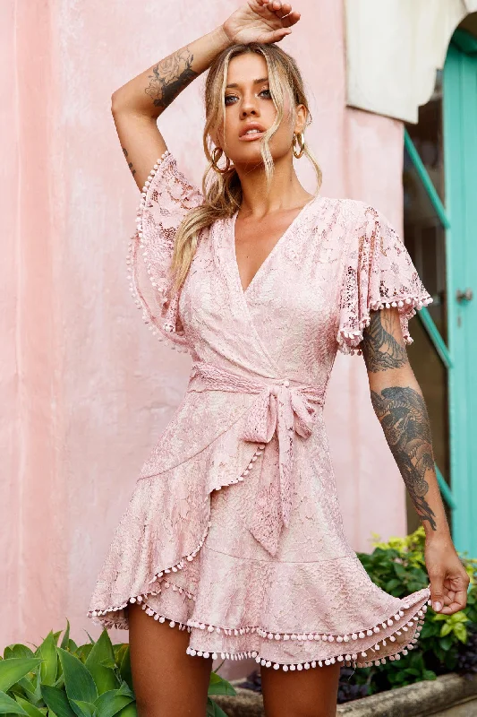 Women's Timeless Attire Cami Angel Sleeve Faux Wrap Dress Lace Blush
