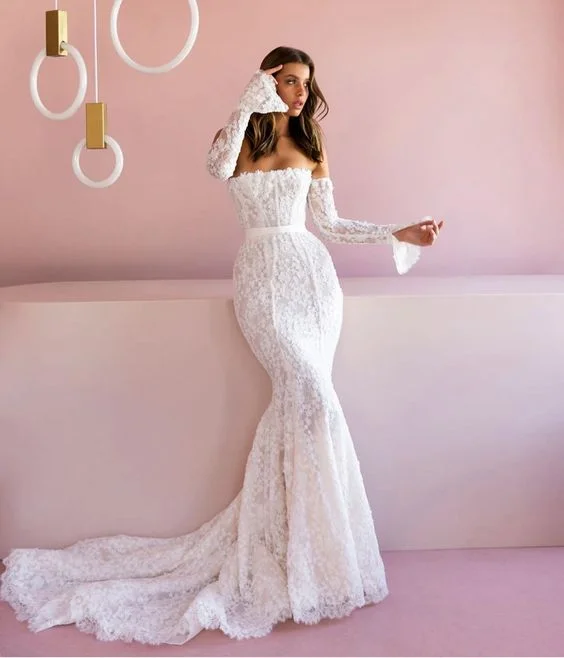 Women's Vintage-Inspired Outfit Mermaid Long Sleeve Wedding Dress Lace Vestido De Novia Sirena Corte  Manga Larga For Woman  Casamento Boda Abito Da Sposa