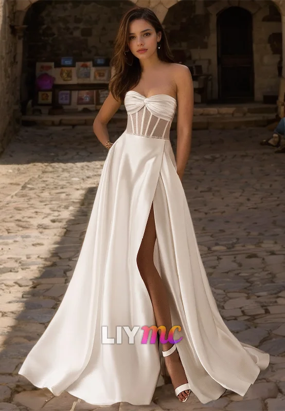 Women's Casual Wear Outfit Sweetheart Sleeveless Sleek Satin Pleated A-Line Classic Wedding Dress