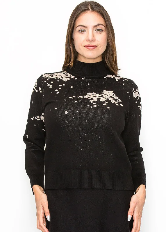 Women's Trendy Attire Black Sweater with Artistic Cream Accents