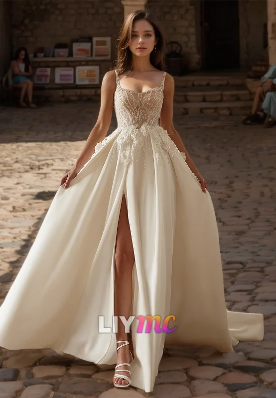 Women's Functional Outdoor Garments Sweetheart Straps Beaded Floral Embellished Pleated A-Line Wedding Dress