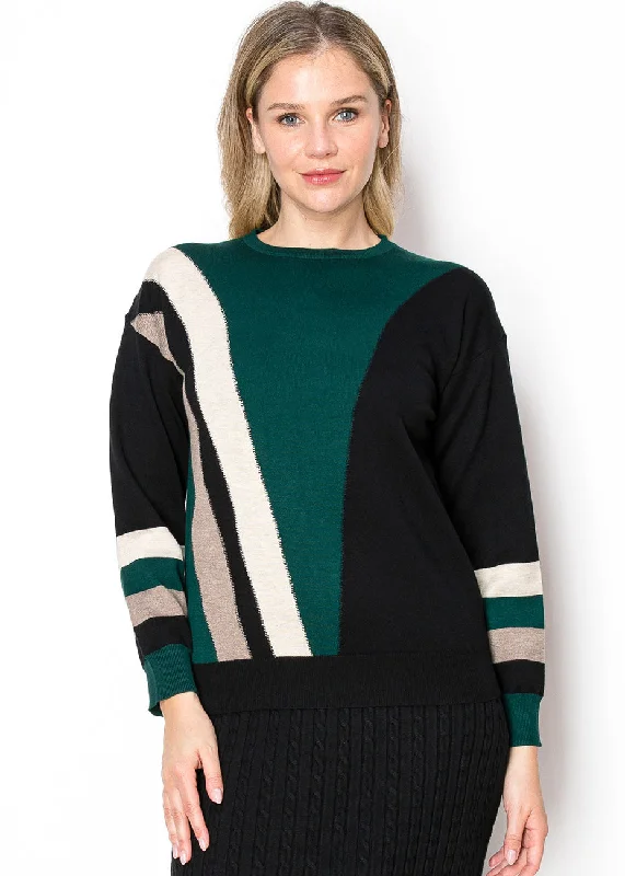 Stylish Women's Outfit Geometric Green Knit Sweater