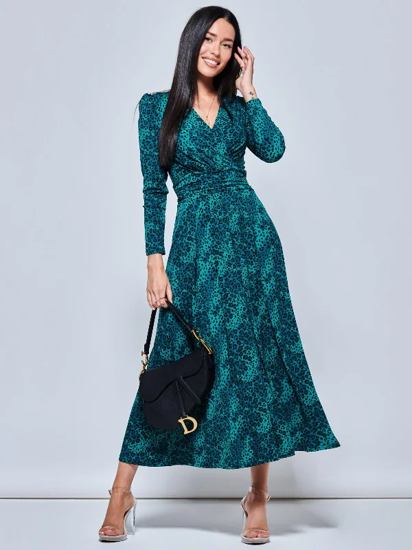 Women's Outerwear Attire Animal Print Long Sleeve Maxi Dress, Green Animal