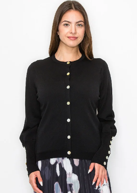 Women's Travel Apparel Black Knit Cardigan with Stylish Sleeve Details