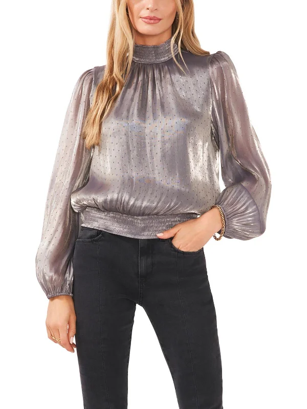 Women's Stylish Outdoor Outfit Womens Metallic Mock Neck Blouse