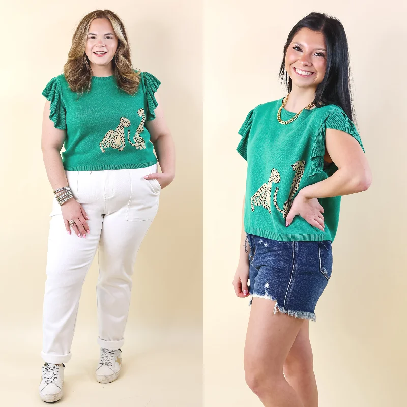 Women's Loungewear Clothes Talk This Way Cheetah Print Sweater with Ruffle Cap Sleeves in Green