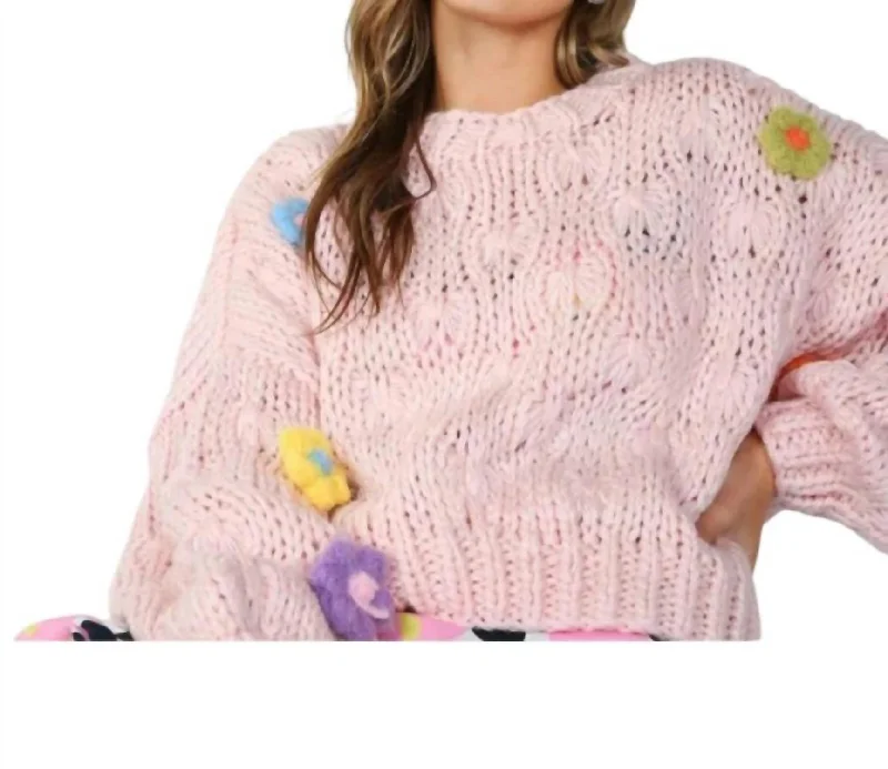 Vintage-Inspired Women's Clothes Cropped Crochet Sweater With 3D Flowers In Pink